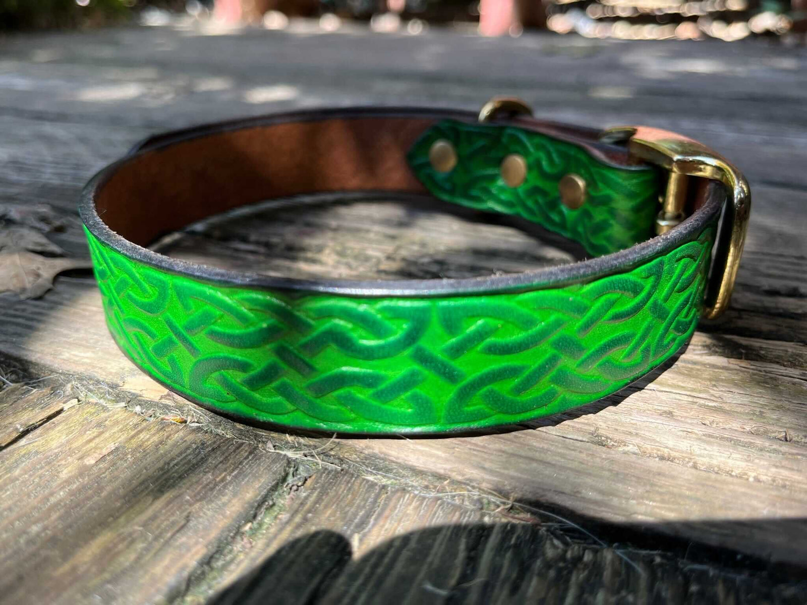 Hand dyed Irish Celtic leather dog collar. Green