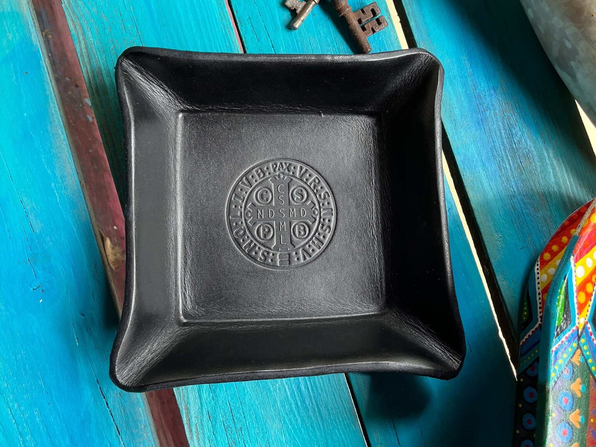Saint  Benedict Medal Leather valet tray shown in "Black"