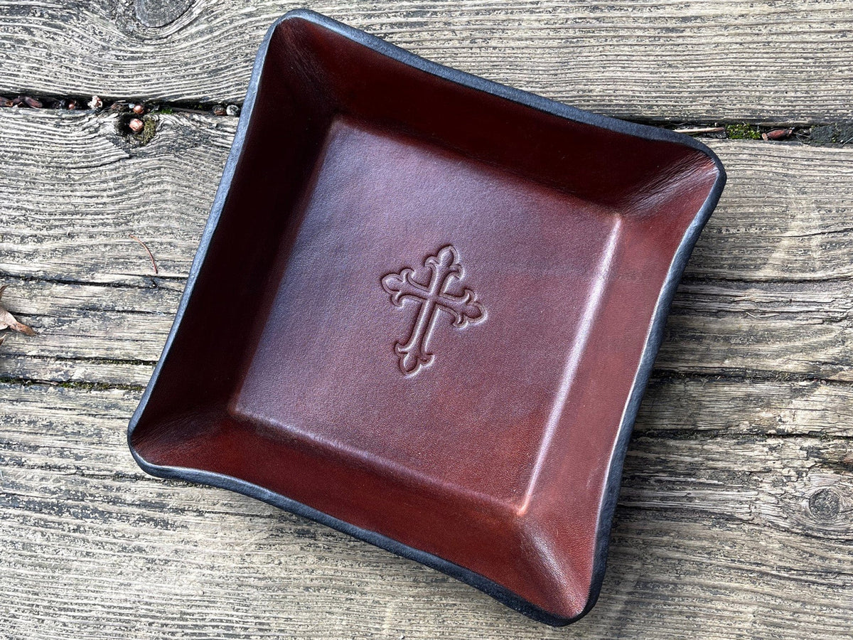 Christian cross leather desk tray. Brown. 