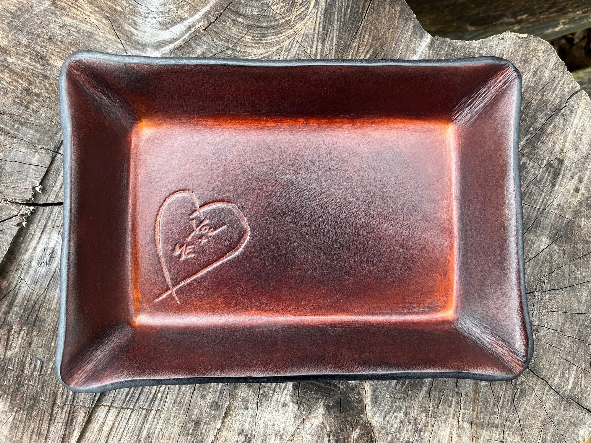 Third anniversary rectangular leather tray with heart