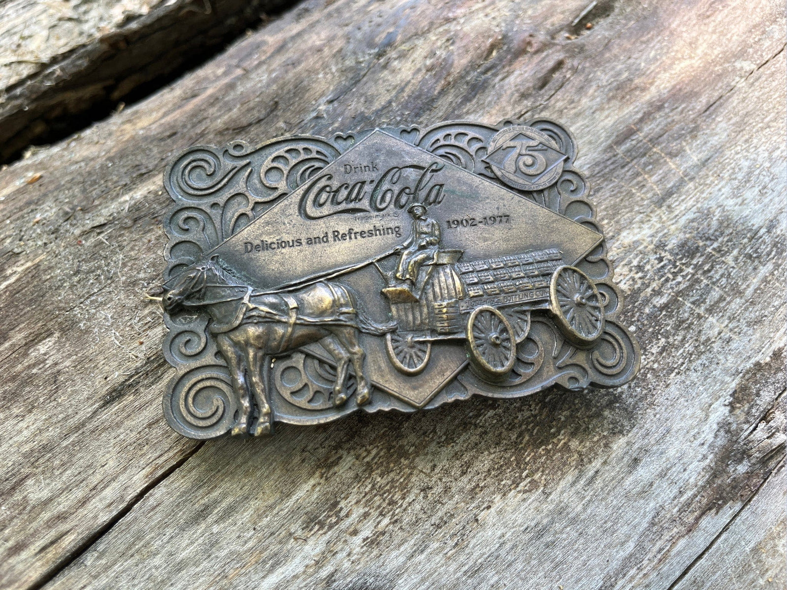 Vintage 1977 Coca Cola belt buckle. Brass