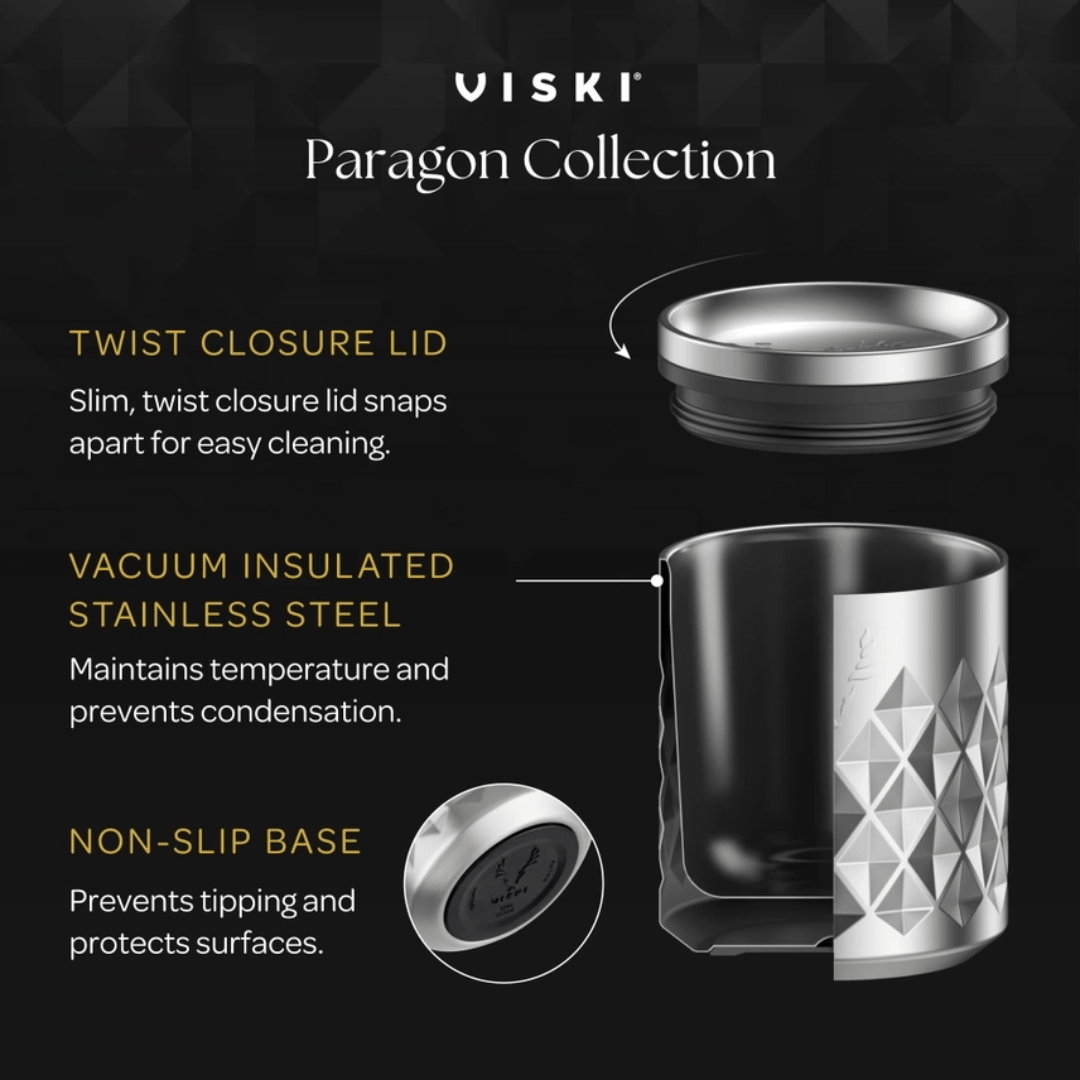 Page 1 showing specifications and features of Viski Paragon rocks tumber