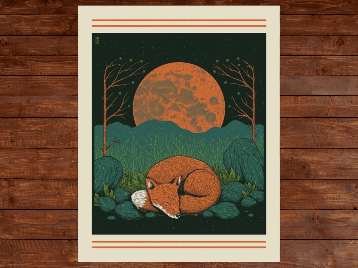 Screen-print of red fox sleeping in front of a full moon