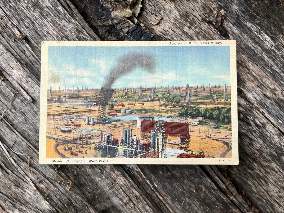 Curteich 1935 postcard of West Texas oilfield. Front