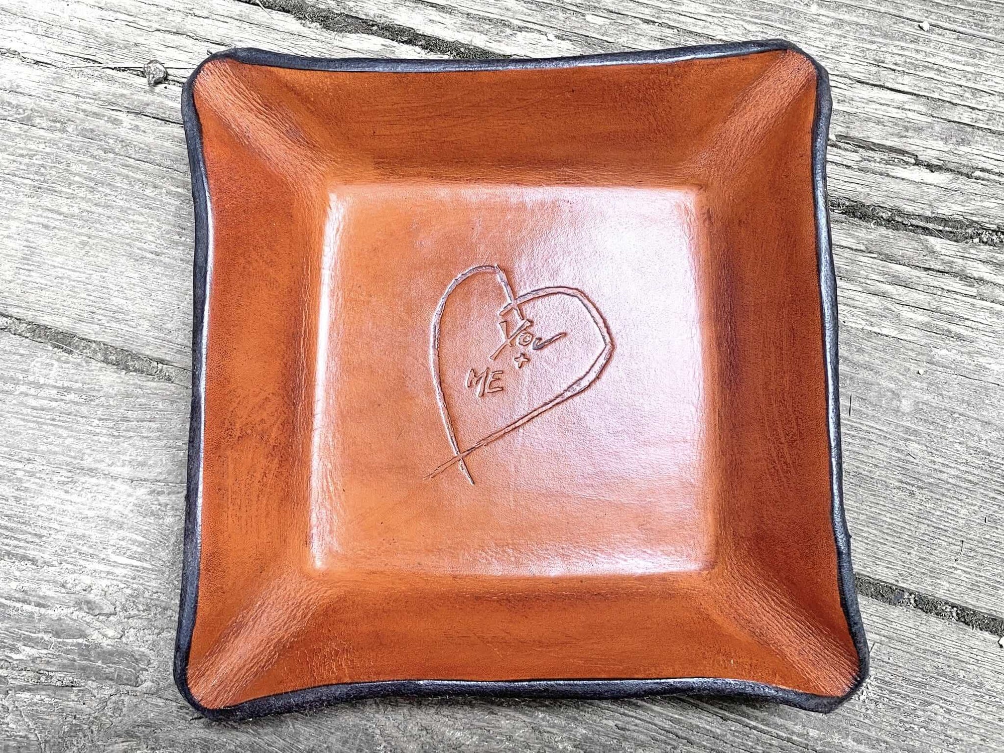 3rd Anniversary Gift Leather Tray. Distressed Leather Valet with Heart.