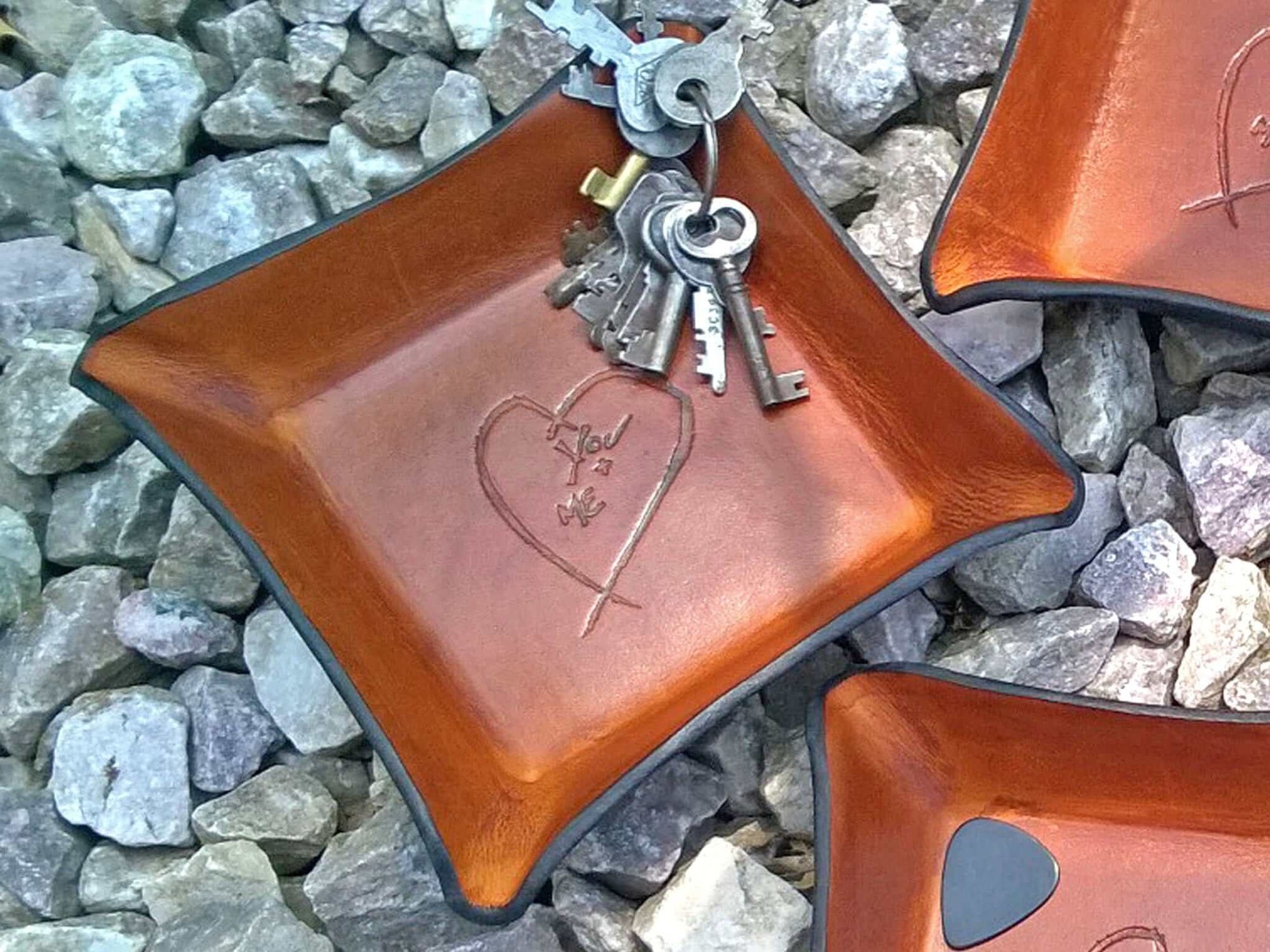 Leather tray with heart image. Third anniversary gift. 