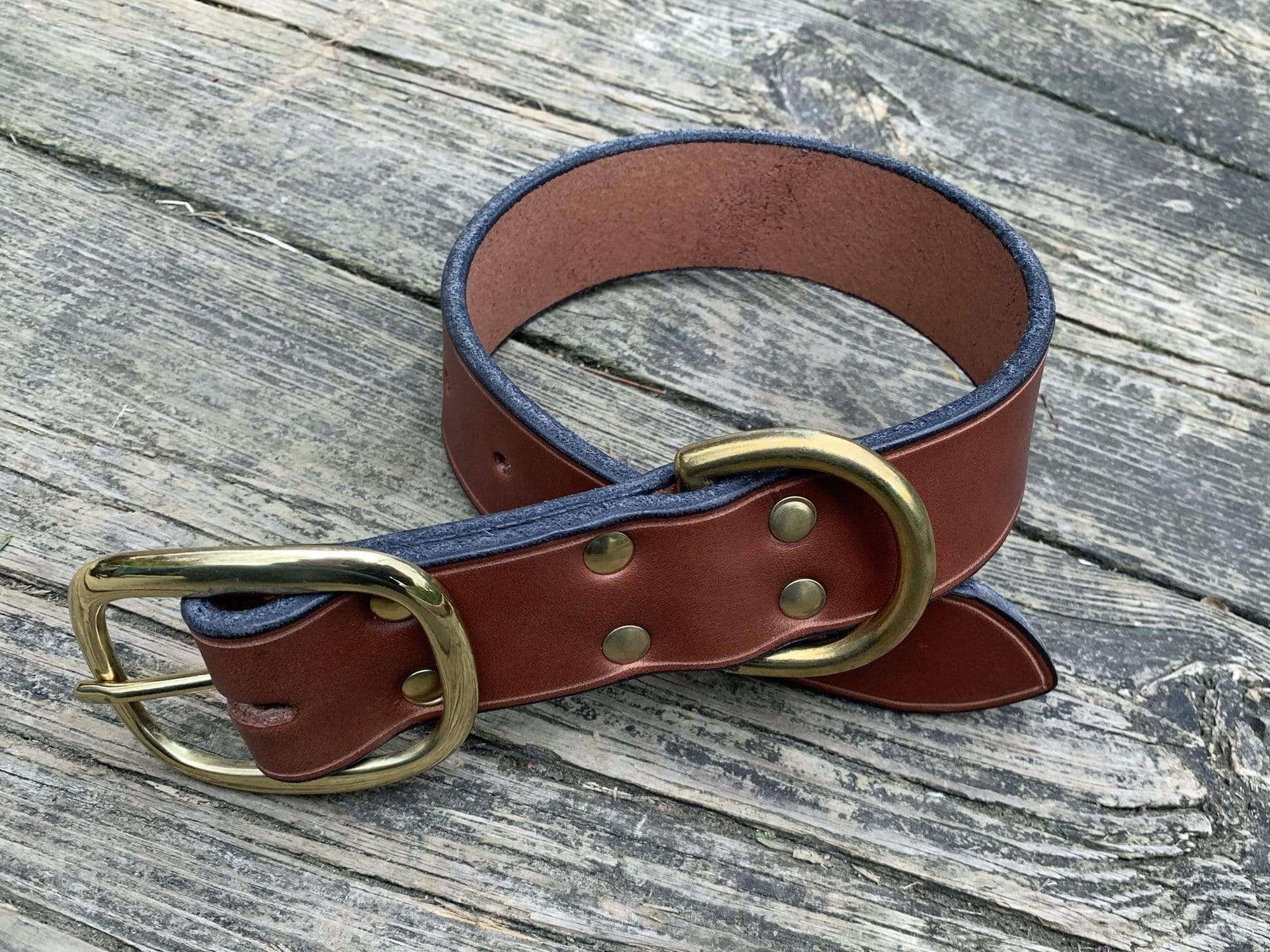 1.5" wide brown bridle leather dog collar. Brass hardware. 