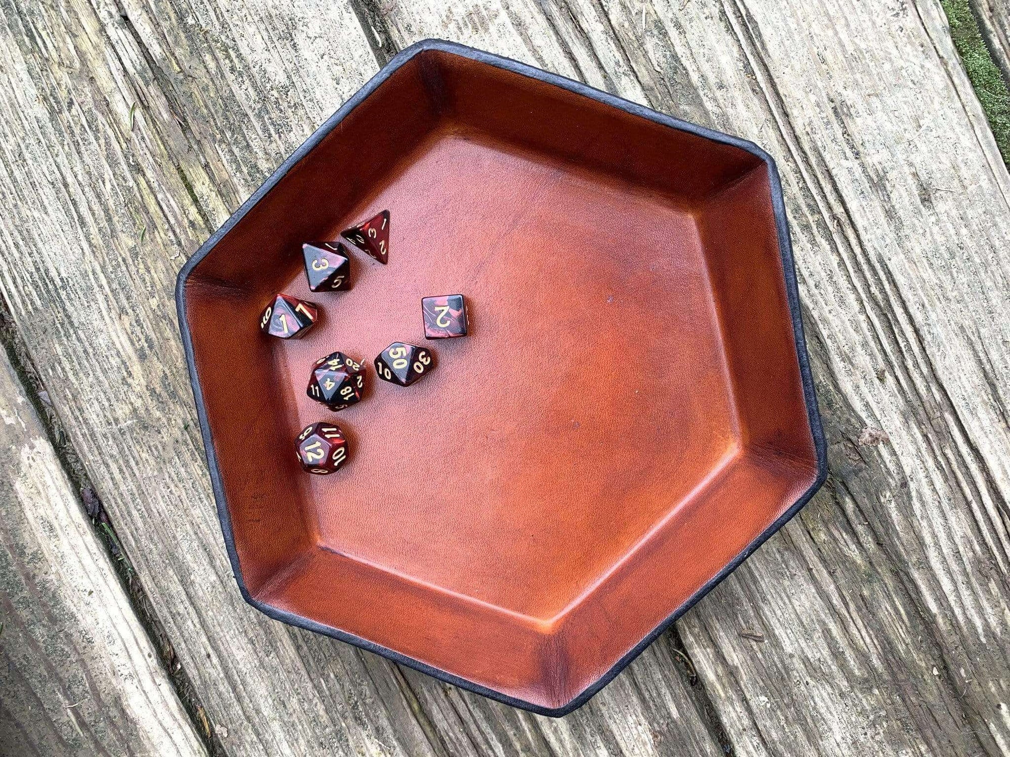 Handcrafted hexagonal leather dice tray. Tan.