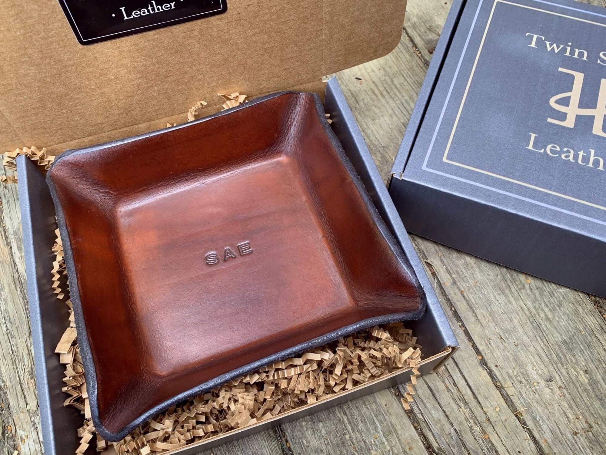 Twin Saints Leather Groomsmen Gift. Square Monogrammed Leather Tray in Box.