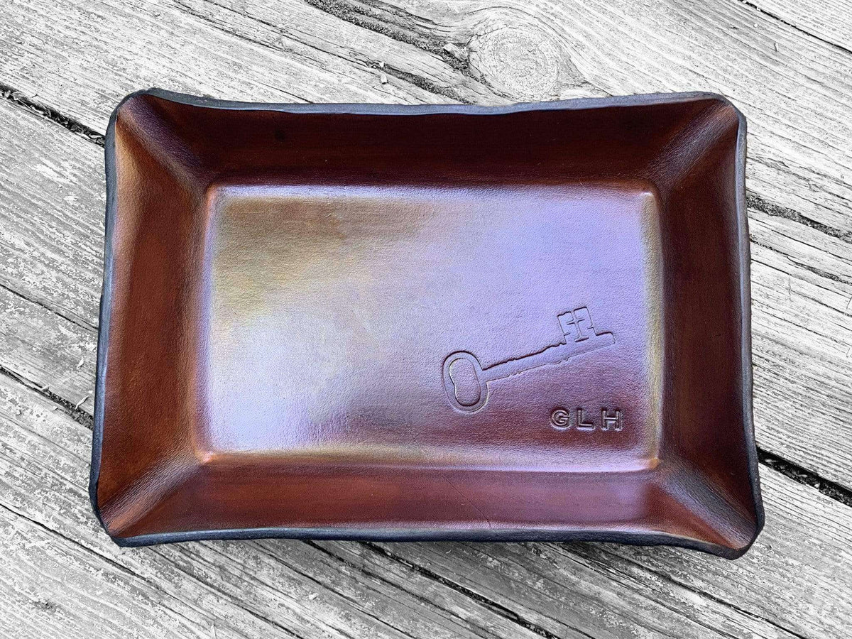 Top View. Leather Anniversary Gift Key Motif Valet Tray with Monogram