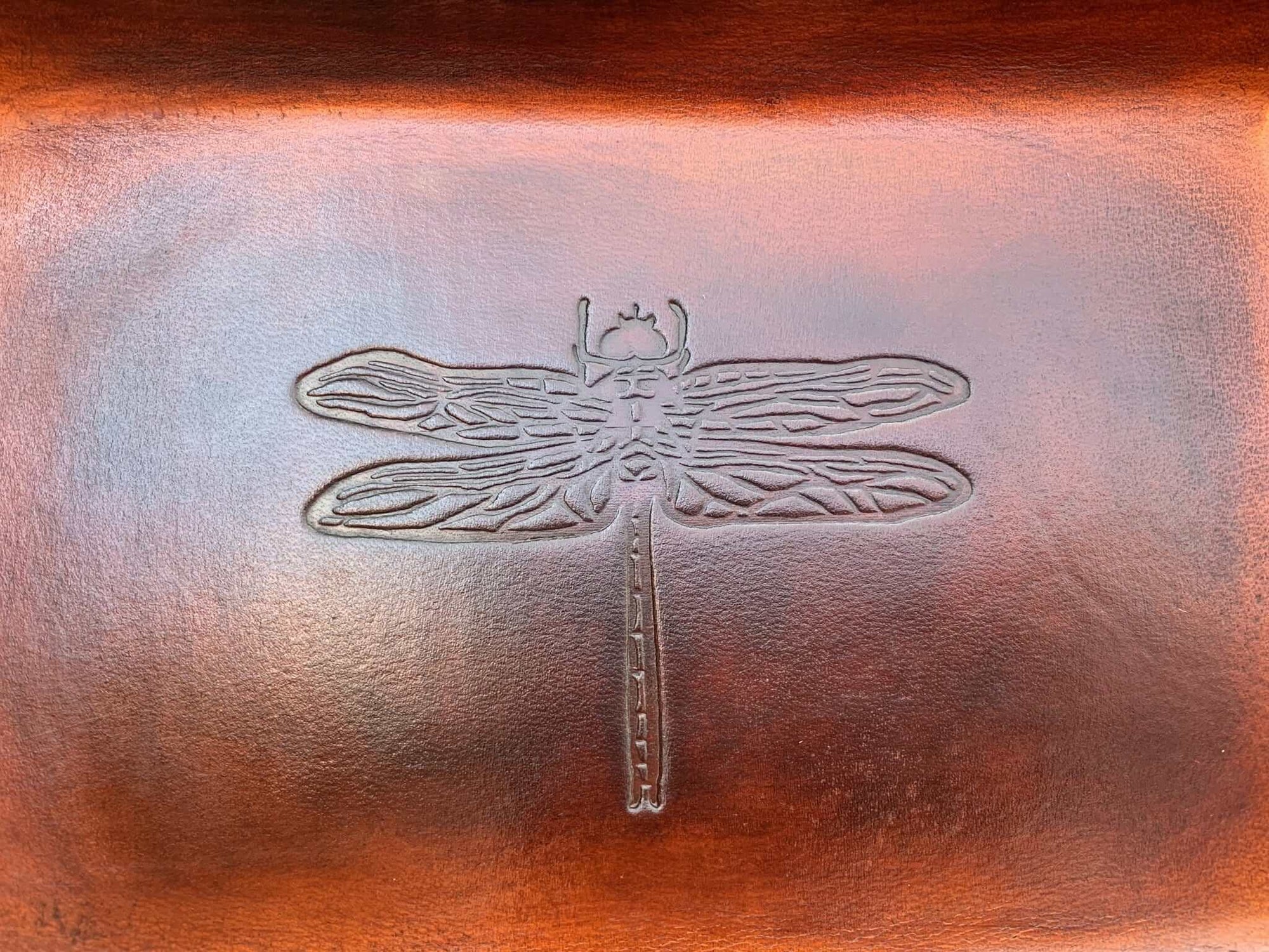 Dragonfly leather desk tray. Brown. Detail.