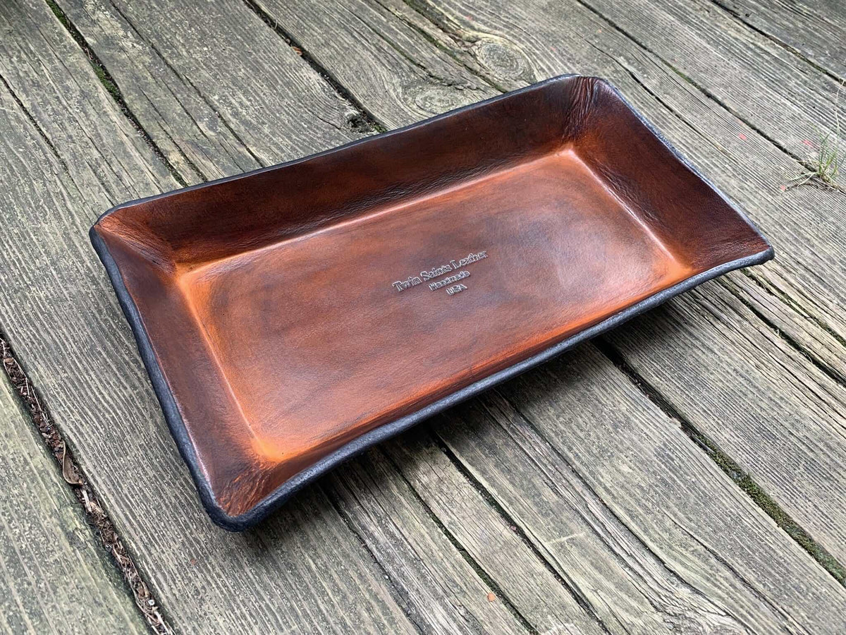 Leather Valet with Twin Saints Leather logo. Timber Brown.