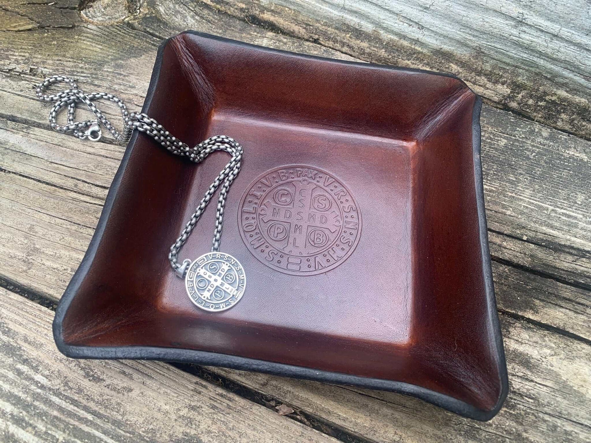 St. Benedict Medal Leather Tray. Dark Brown