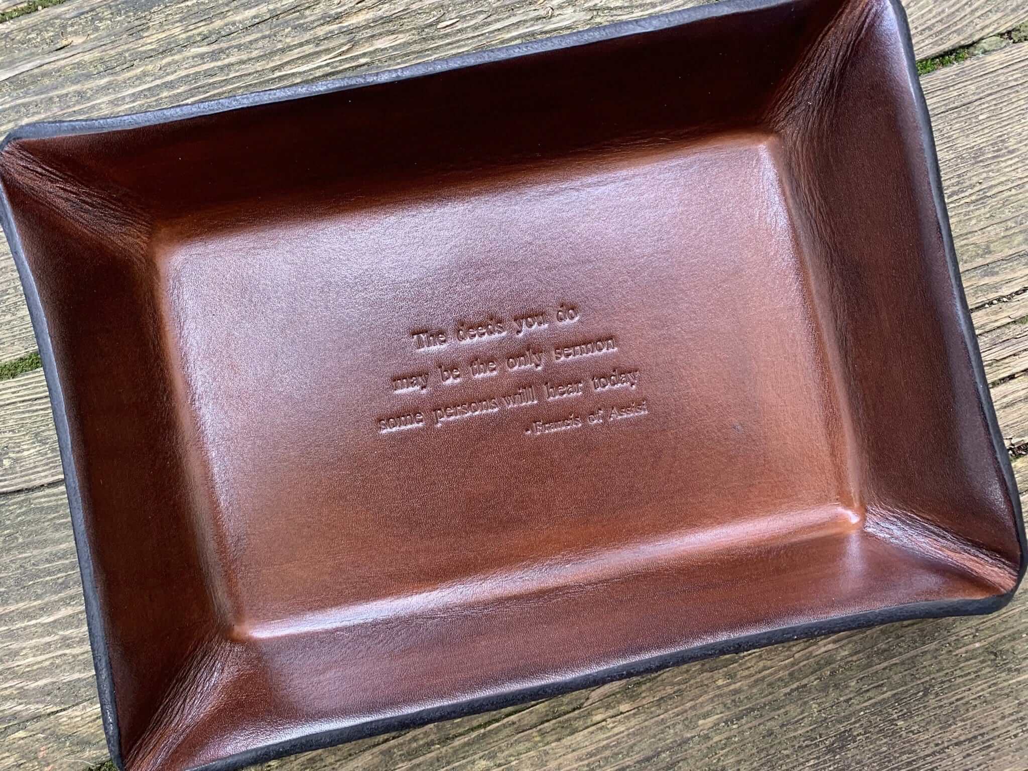 Twin Saints Leather Valet Tray. Monogram Available.