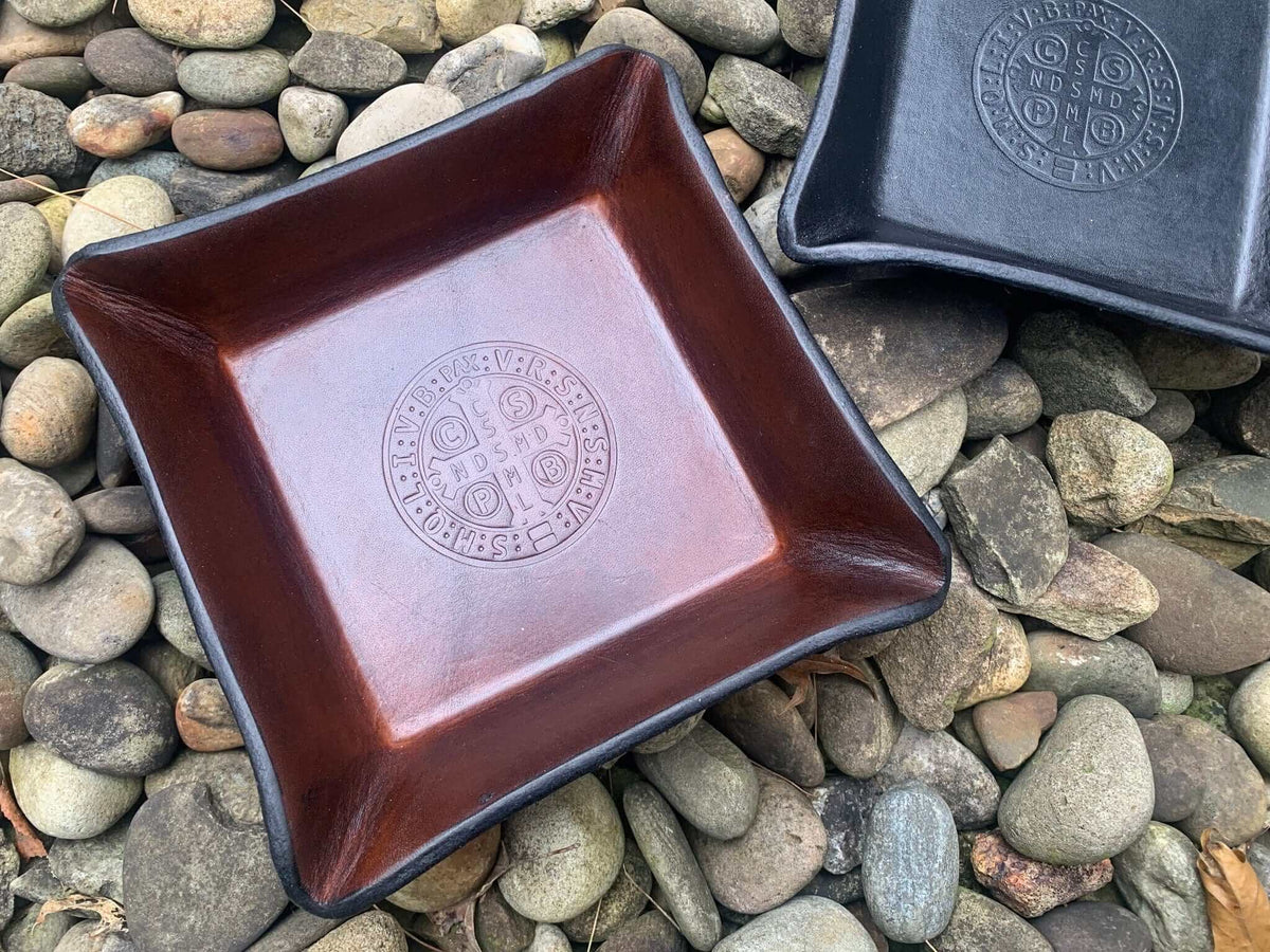 St. Benedict Medal Leather Tray. Dark Brown
