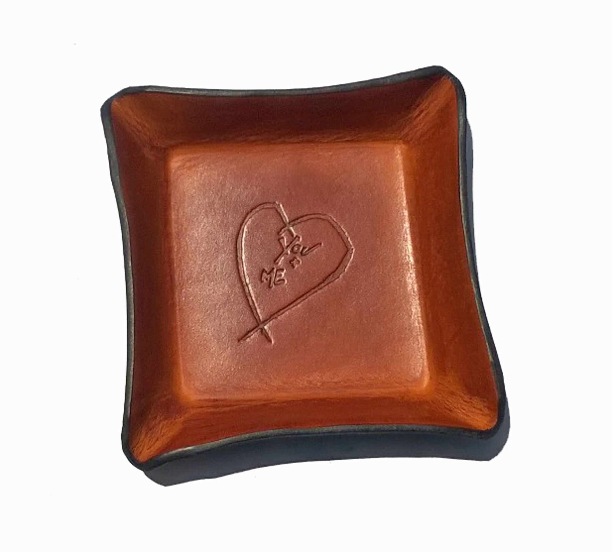 Distressed tan leather tray with heart image.  3rd anniversary gift.