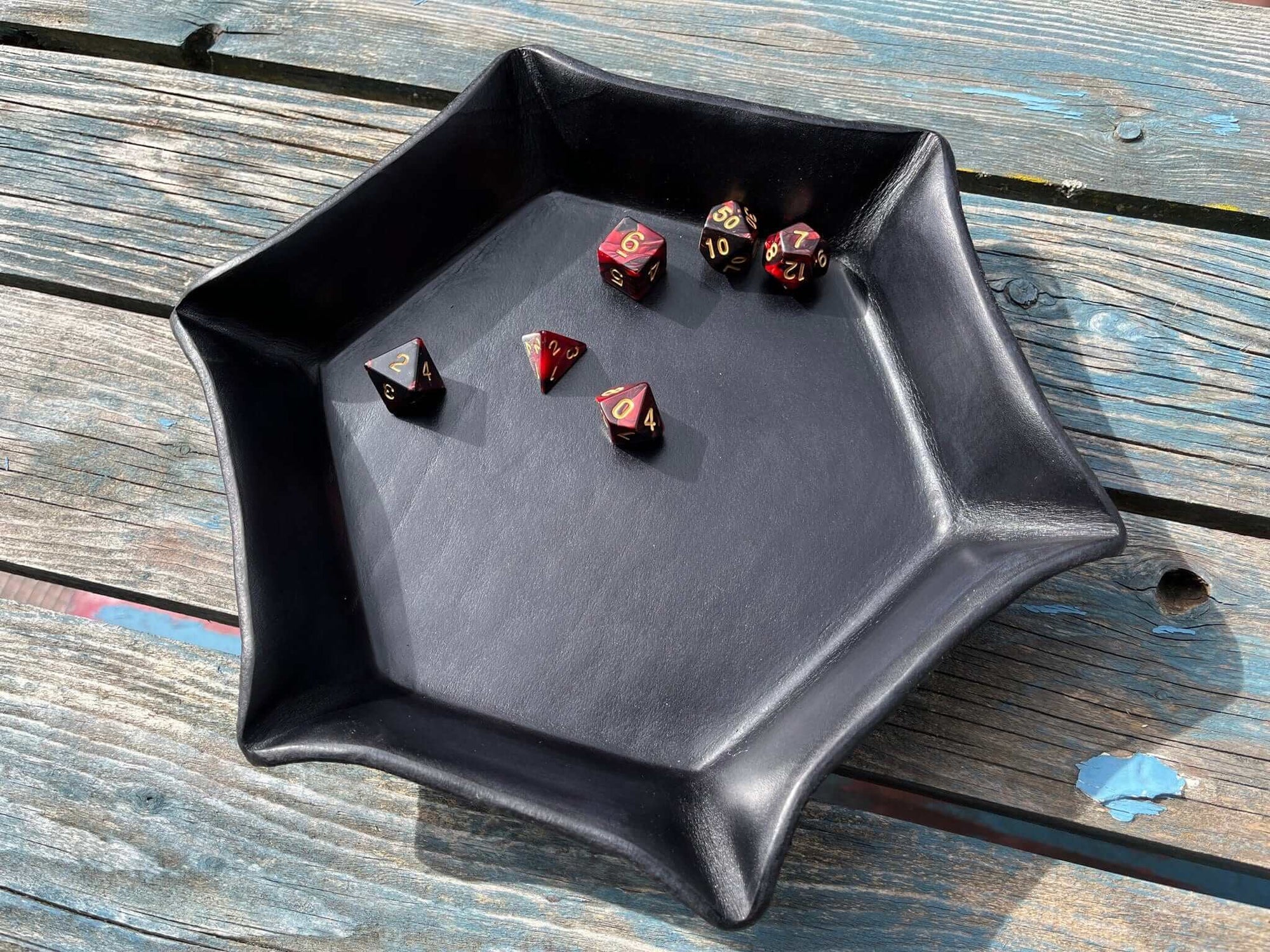 Handcrafted black leather dice tray. Hexagonal