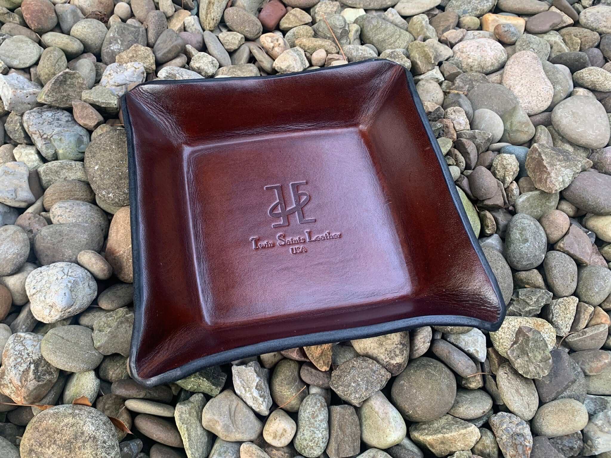 Twin Saints Leather Valet Tray. Monogram Available.