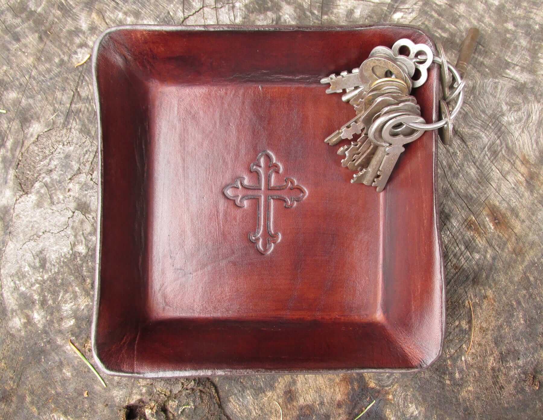 Christian cross leather desk tray. Brown. 