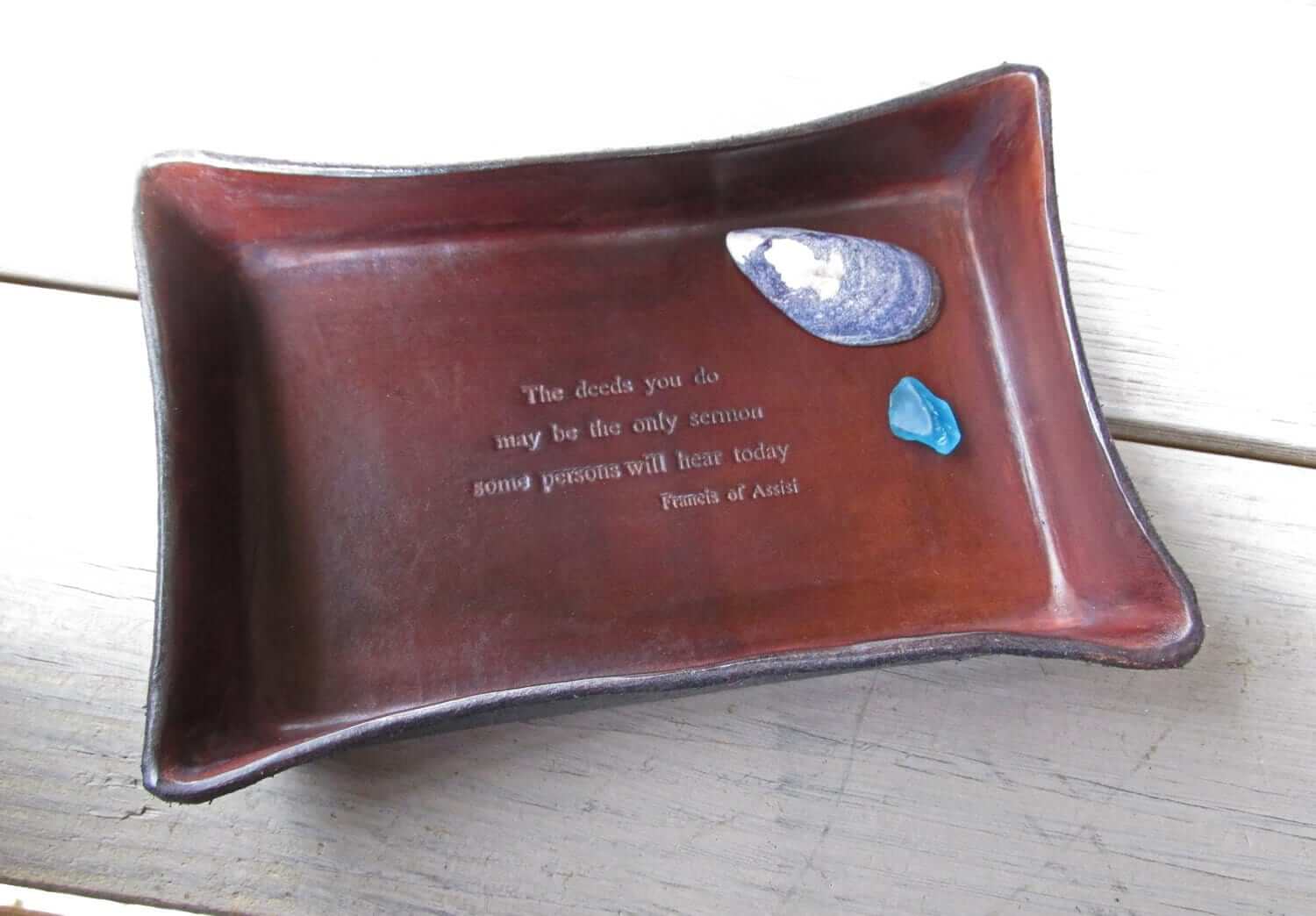 Baptism, confirmation or first communion gift. Leather tray.