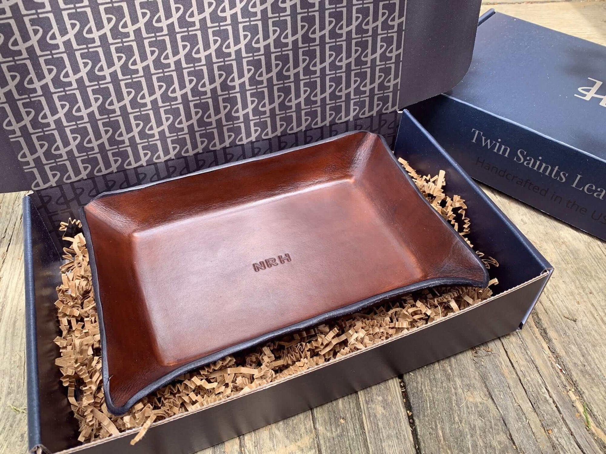 Twin Saints Leather Groomsmen Gift. Valet with Monogram and Gift Box.