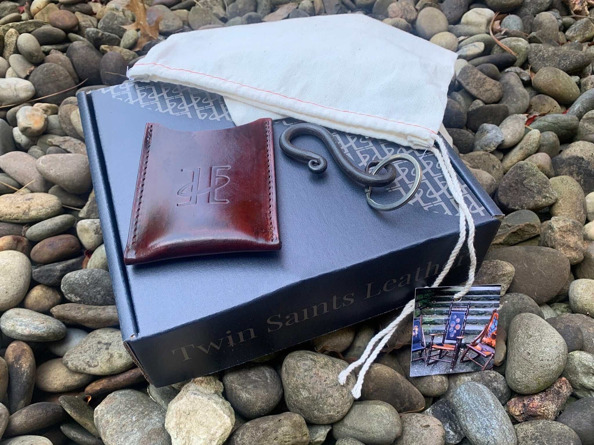 Boxed Set with Handcrafted Leather Wallet and Iron Keyring. Twin Saints Leather