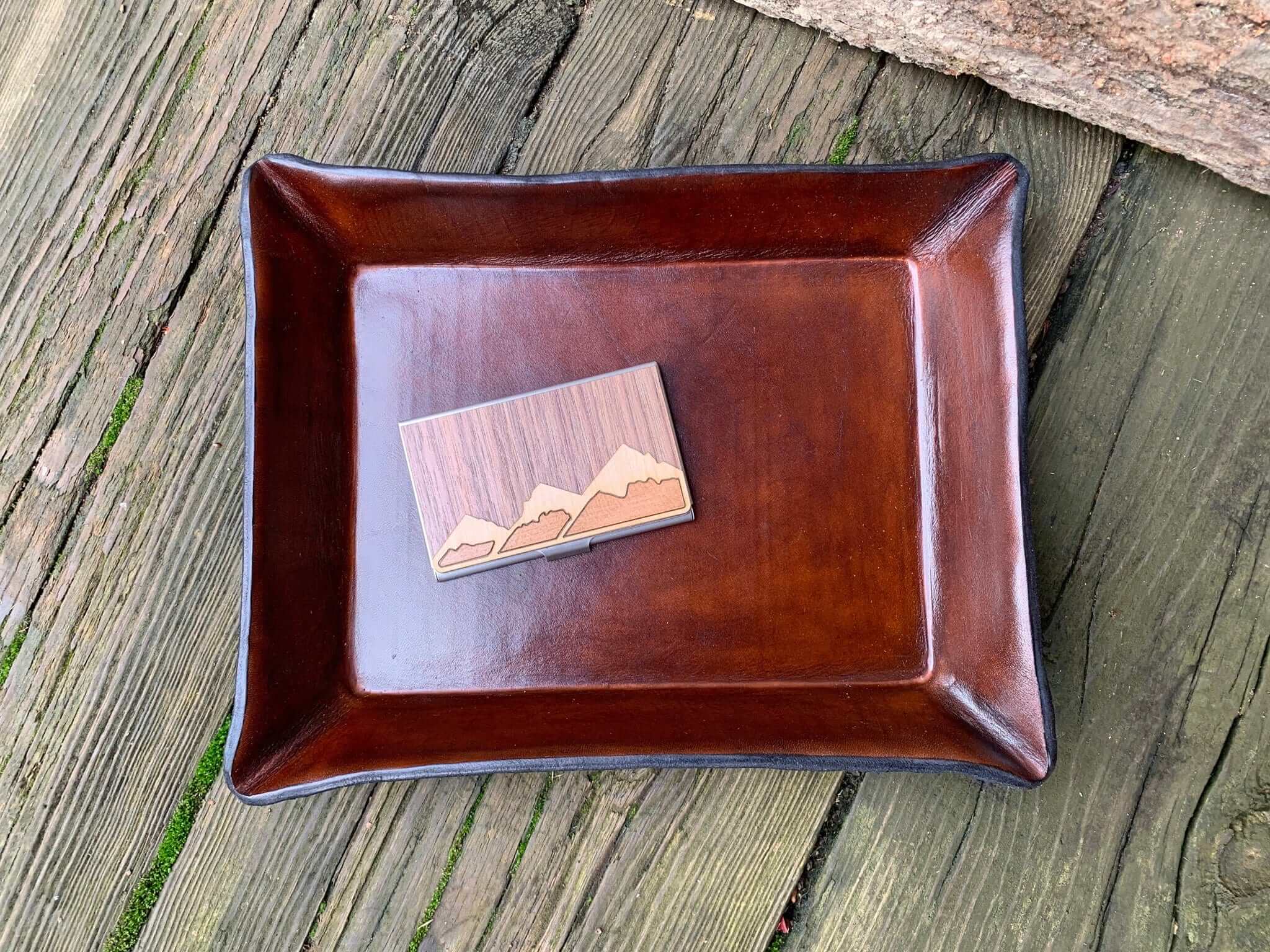 Twin Saints Leather Valet Tray. Monogram Available.