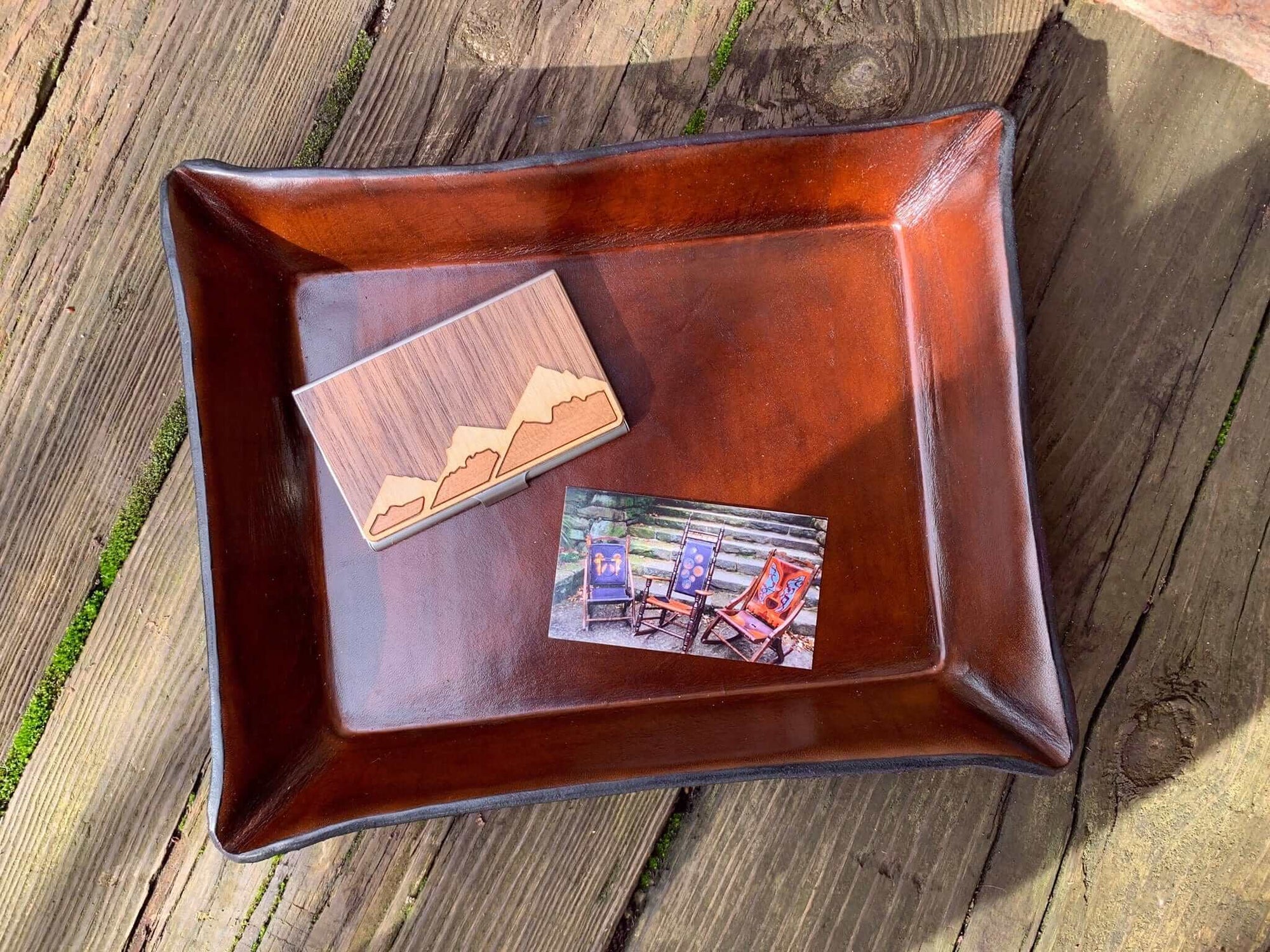 Large leather valet and hardwood card case gift set