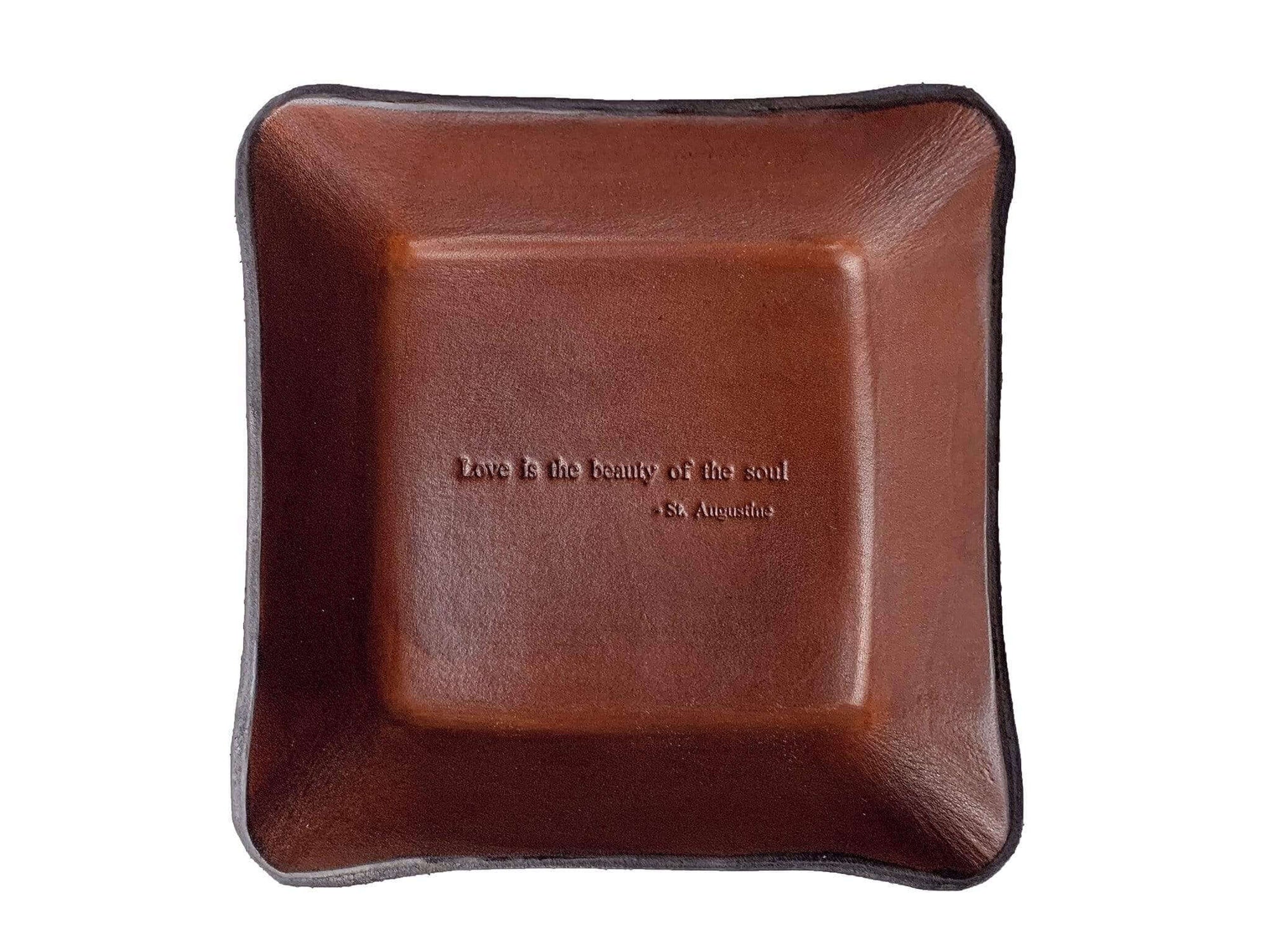 Leather 3rd Anniversary Gift. "Love is the Beauty of the Soul" Tray. Brown.