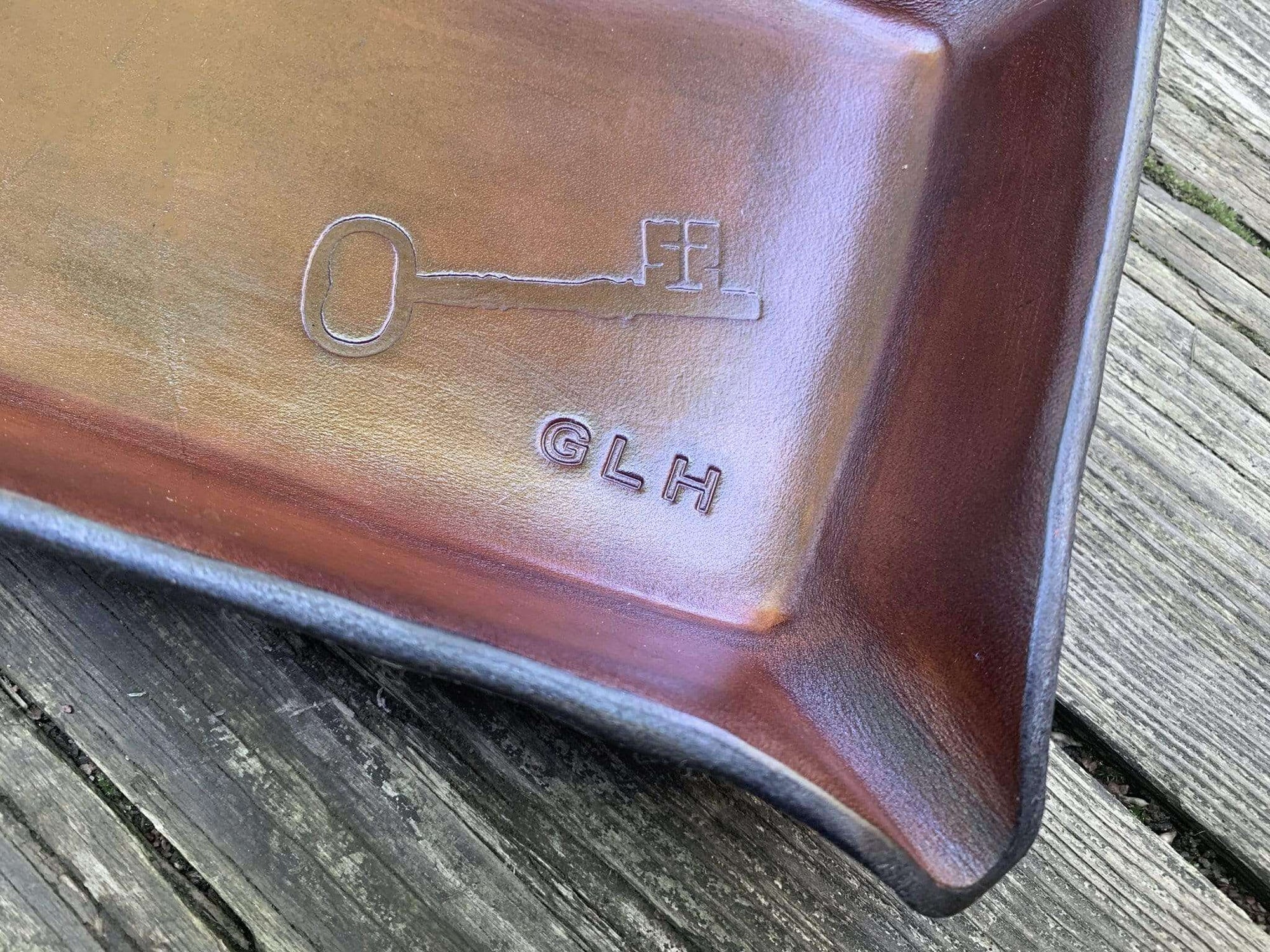 Leather Anniversary Gift Key Motif Valet Tray with Monogram. Detail