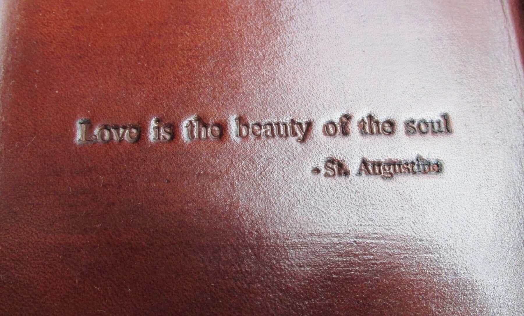 Love is the Beauty of the Soul leather tray.  Brown. Text Detail. 