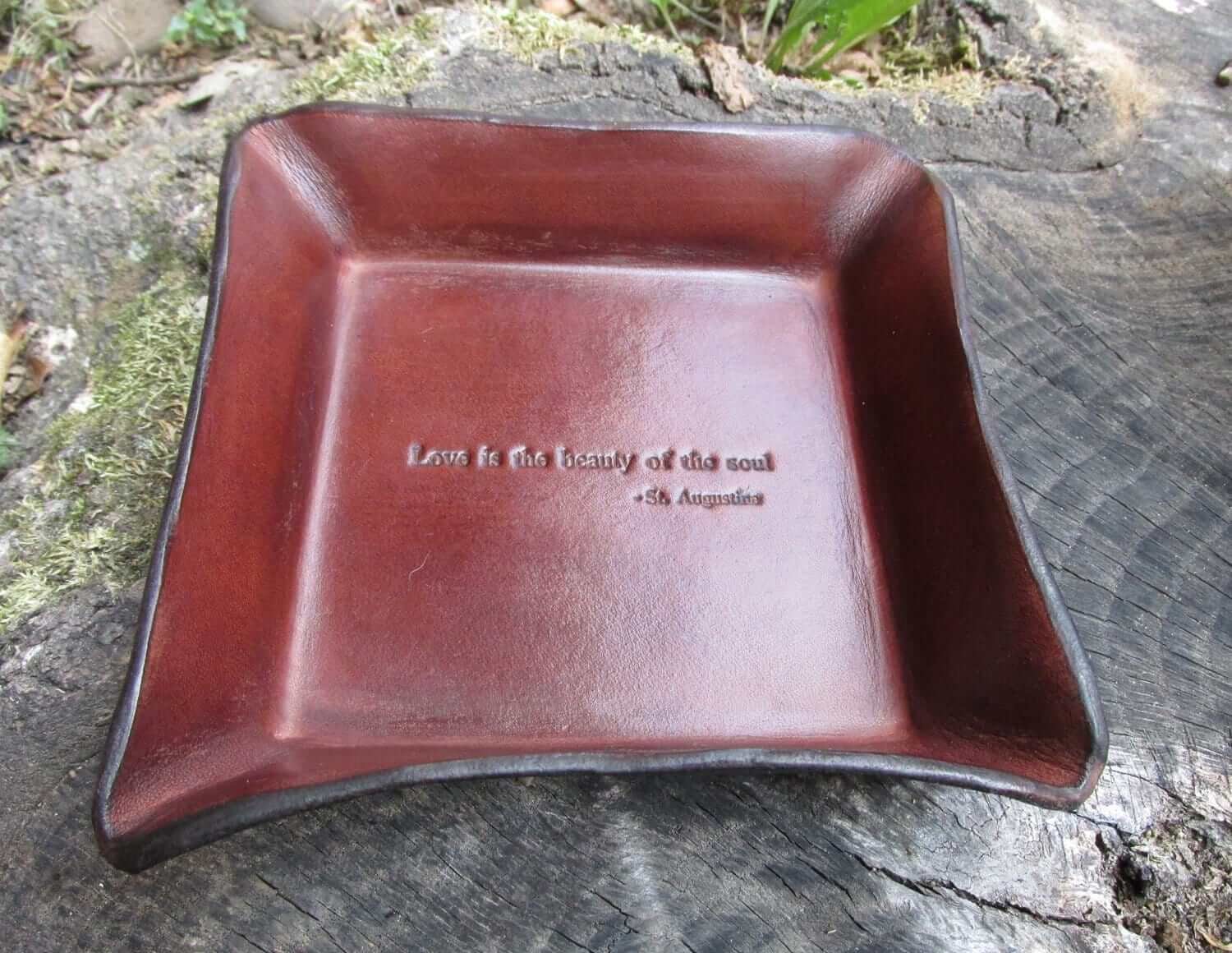 3rd Anniversary gift leather tray, "Love is the beauty of the soul". Brown Leather.