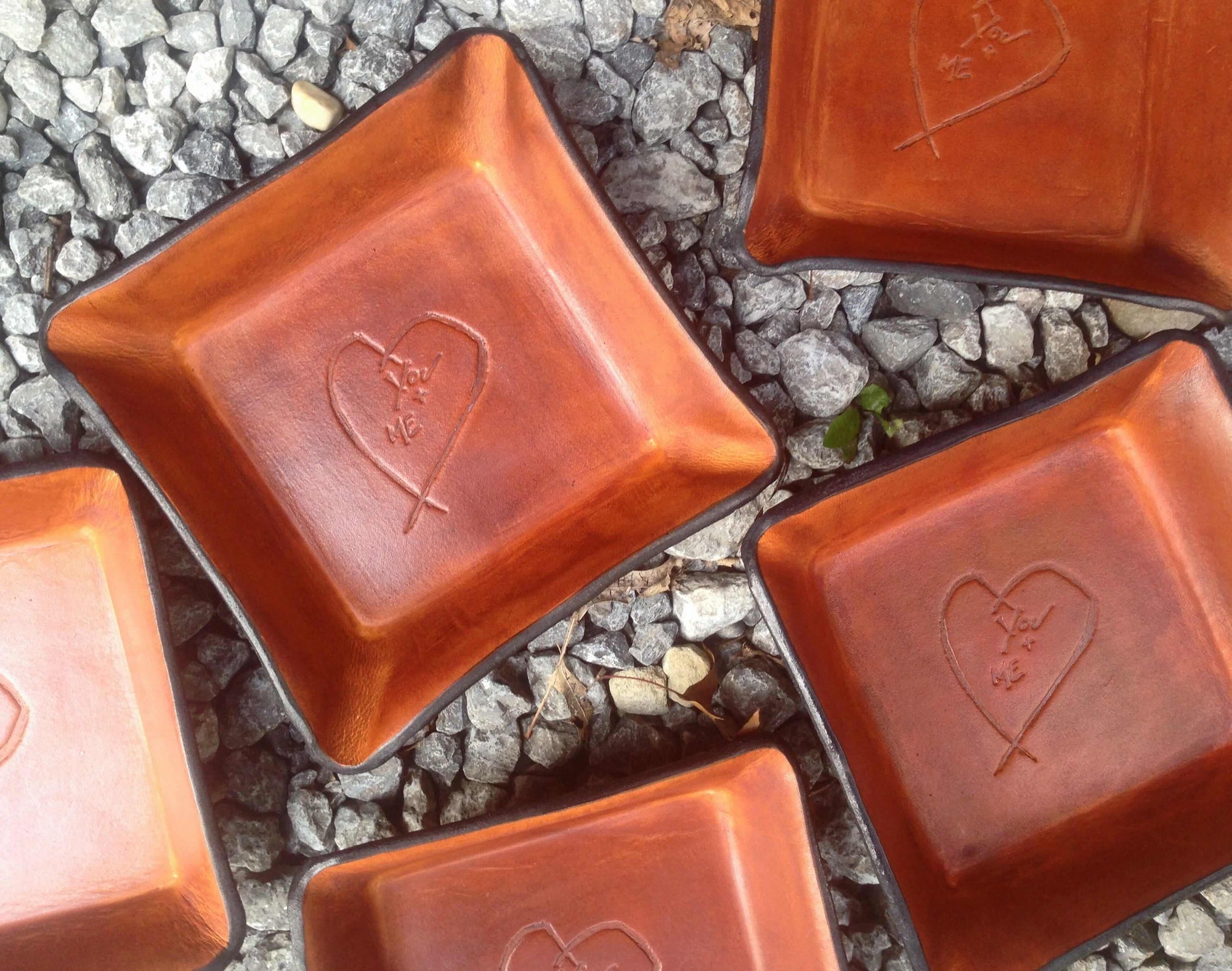 Third anniversary leather gift trays with heart detail