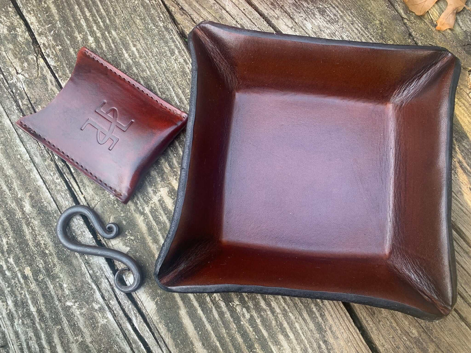 Leather Valet Tray Organizer - No. 120 - Full-Grain Brown Leather - American Cherry Wood Trim - USA Made by Col. Littleton - 10 3/4′′ x 8 1/2” x 2 1/2