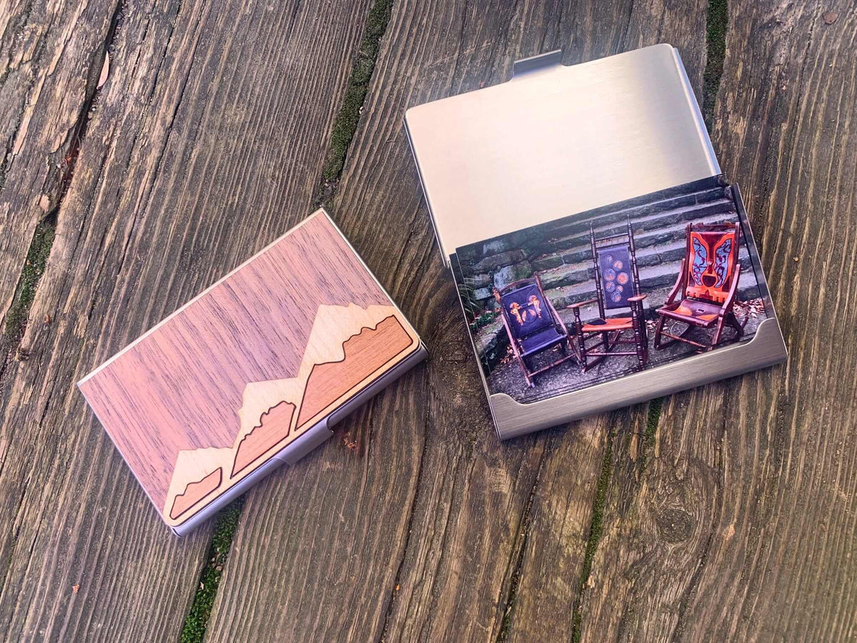 Handcrafted business card case. Mountain motif